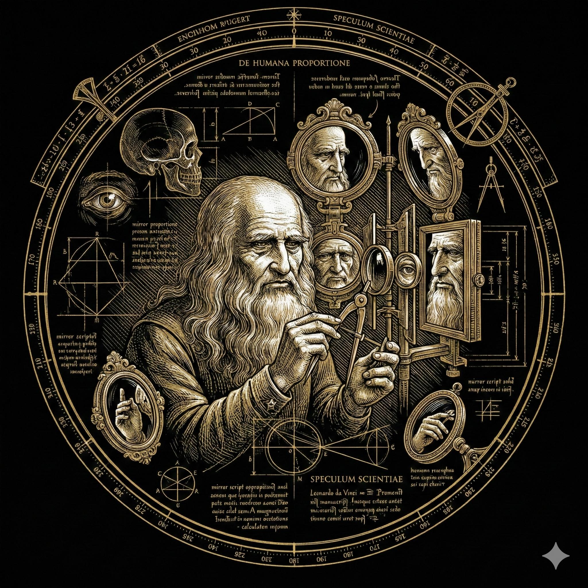 Da Vinci examinando a si mesmo com instrumentos e espelhos