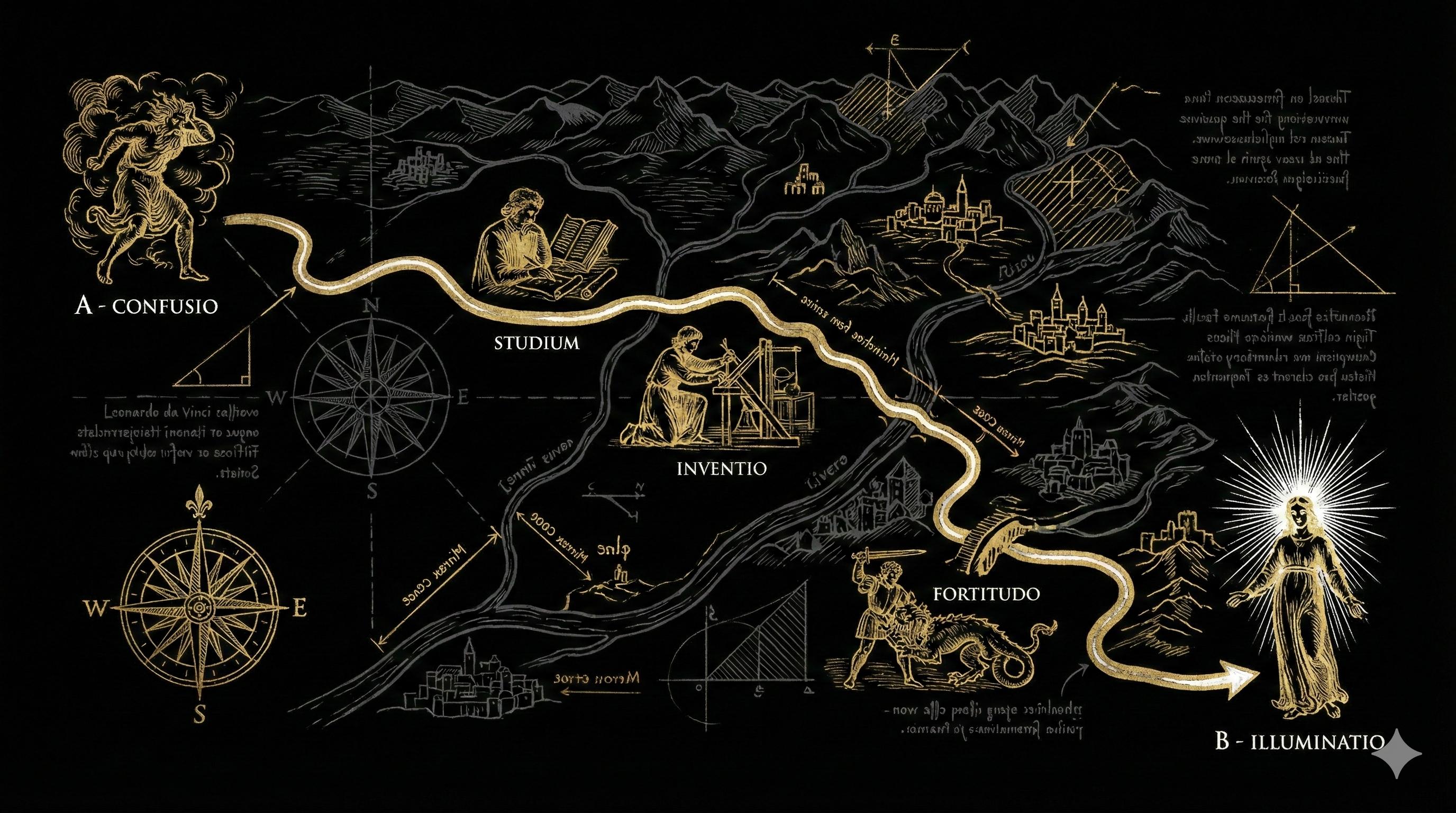 Mapa com caminho da confusão à iluminação através de etapas